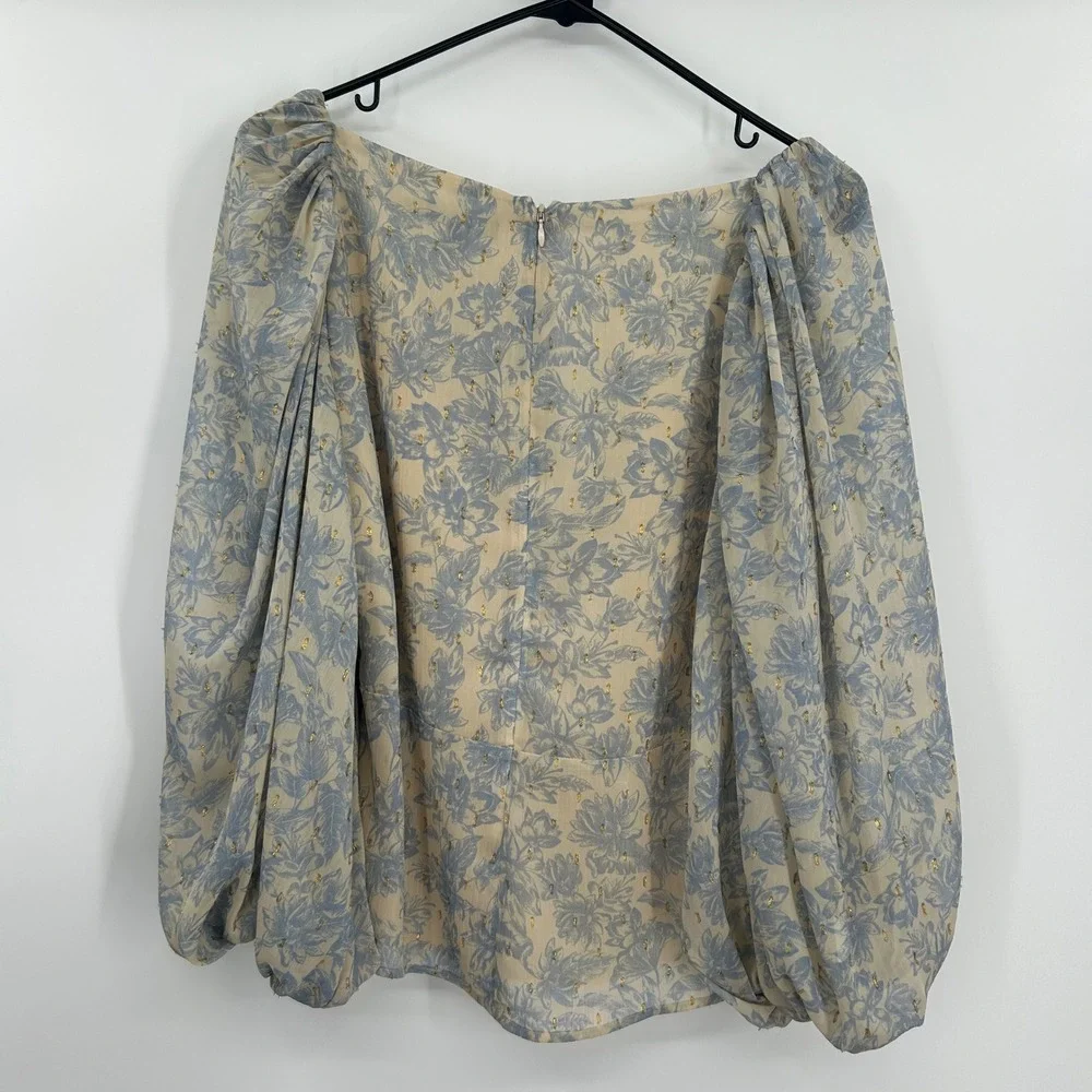 Express Womens Medium Blue Cream Floral Metallic Pleated Balloon Sleeve Blouse M - Picture 4 of 7